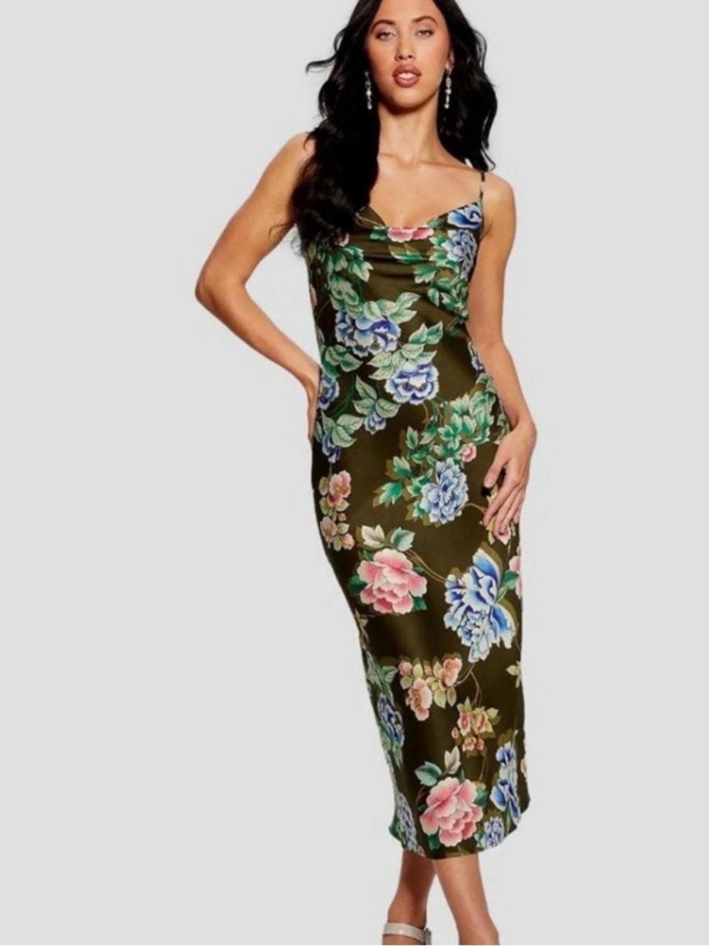 New Guess Satin Maxi Slip Dress Green Floral Small
